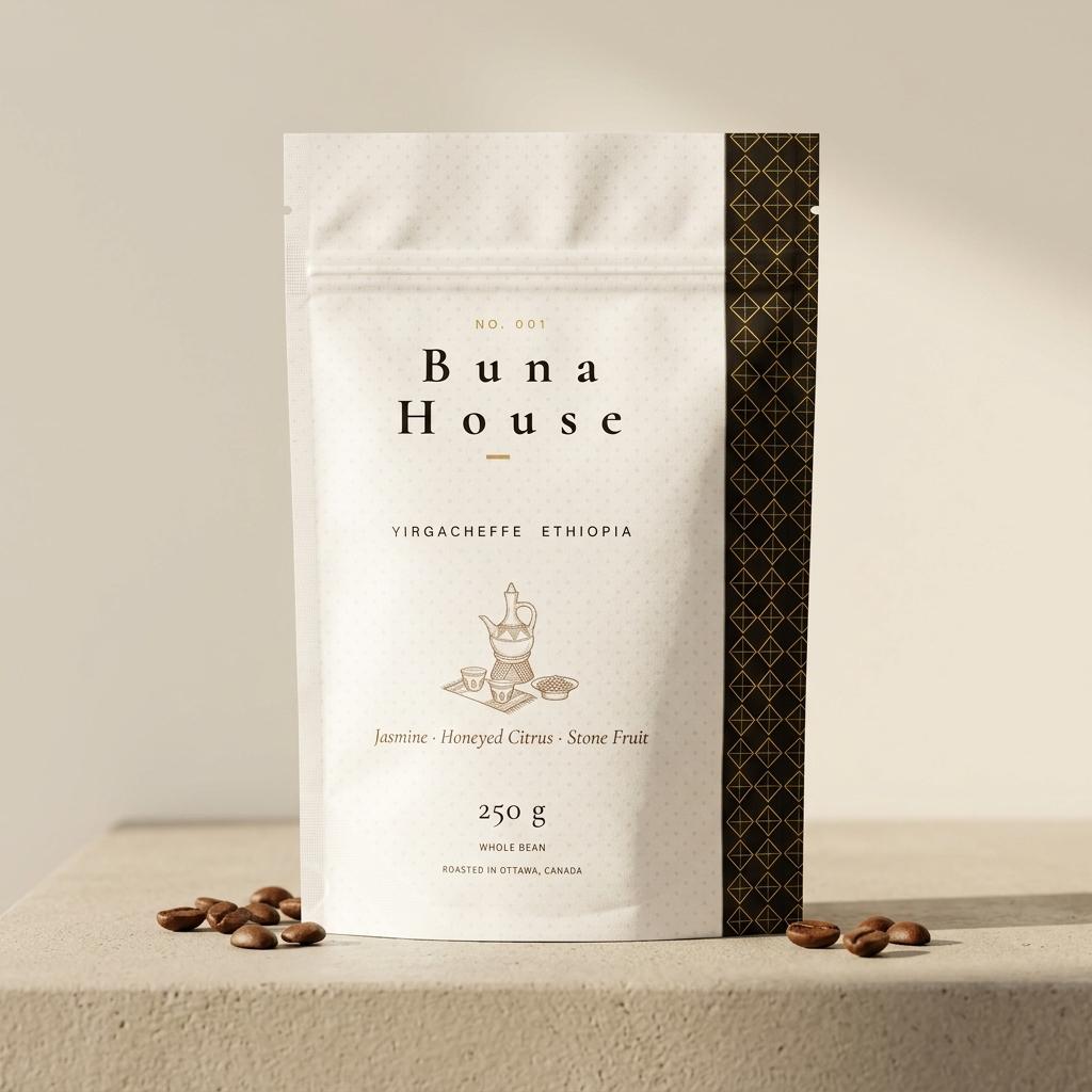Buna House Batch 001 — Yirgacheffe Ethiopia coffee bag with copper jebena illustration